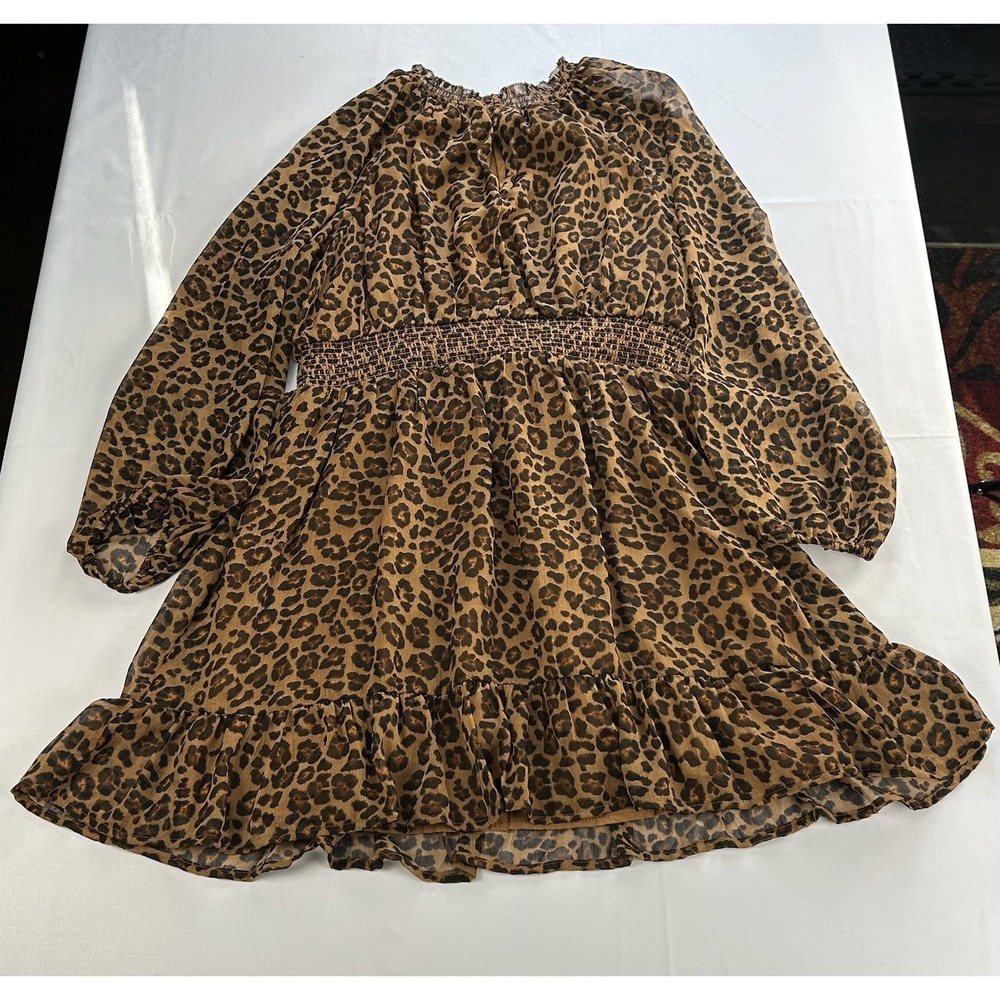 Old Navy Leopard Print Peasant Dress Women's L Smocked Empire Boho Midi - Picture 3 of 9